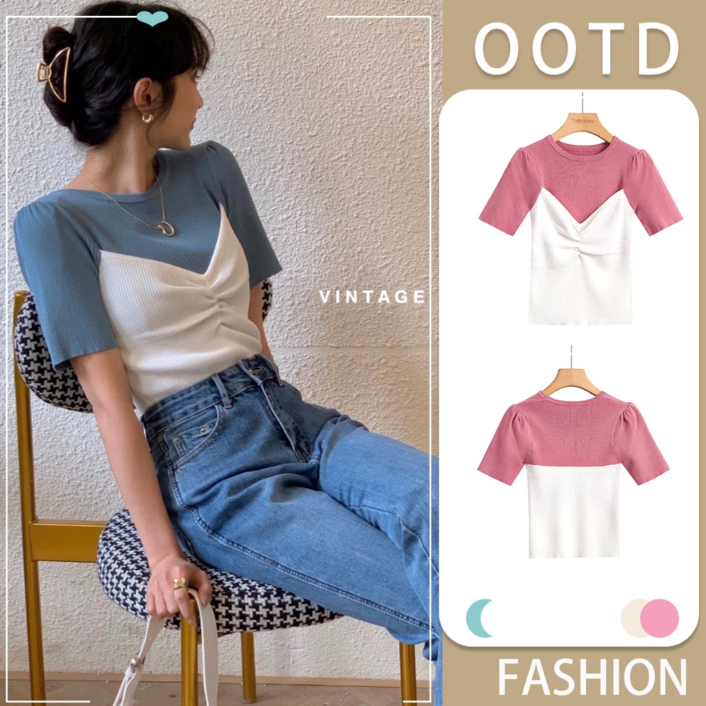 KOKO เสื้อครอปไหมพรมน่ารักผู้หญิง แฟชั่น ทรงสลิมฟิต แขนสั้น ปลอมสองชิ้น#4182