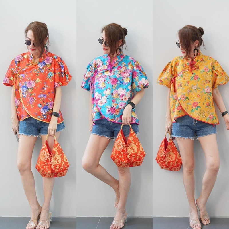เสื้อตรุษจีน ผ้าไหมอินเดีย​​ พิมพ์ลาย​ดอก ป้าย Perfect Style