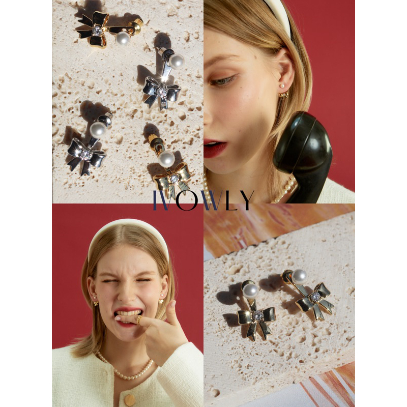 ivowly-Ribbon Pearl ต่างหูโบว์ห้อยแบบมุก สามารถใส่แยกได้