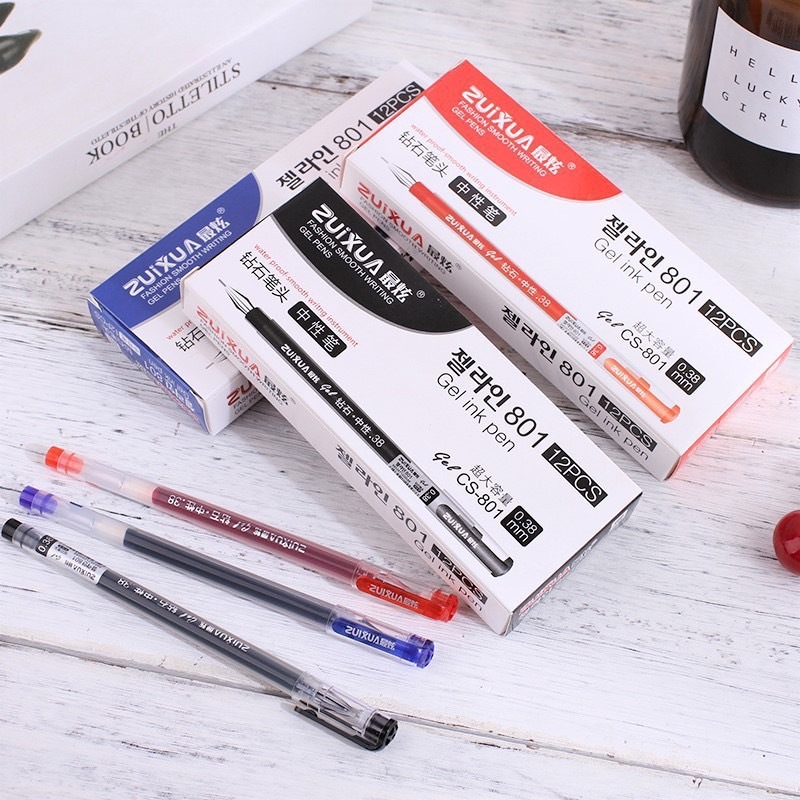 Pack 3 กล่อง ปากกาเจลหัวเพชรZuixua  ขนาด 0.38m.m รุ่น CS.801 จำนวน 36 ด้าม(สีแดง,ดำ,น้ำเงิน กล่องละ12ด้าม)