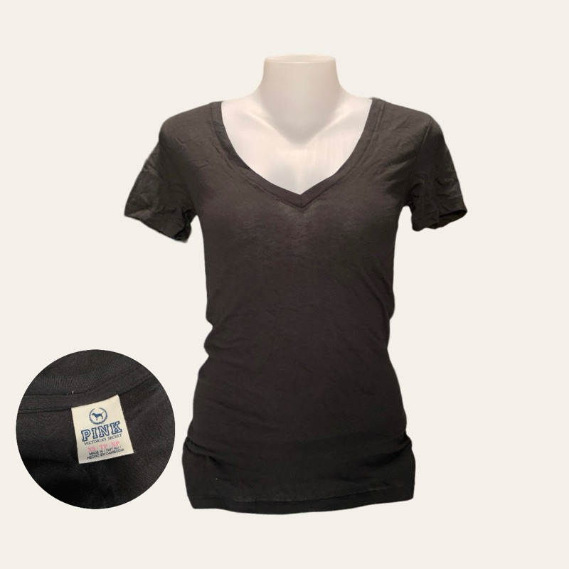 SA202 | PINK เสื้อยืดคอวี แขนสั้น สีดำ ผู้หญิง ผ้าบาง ผ้านุ่ม มีไซส์