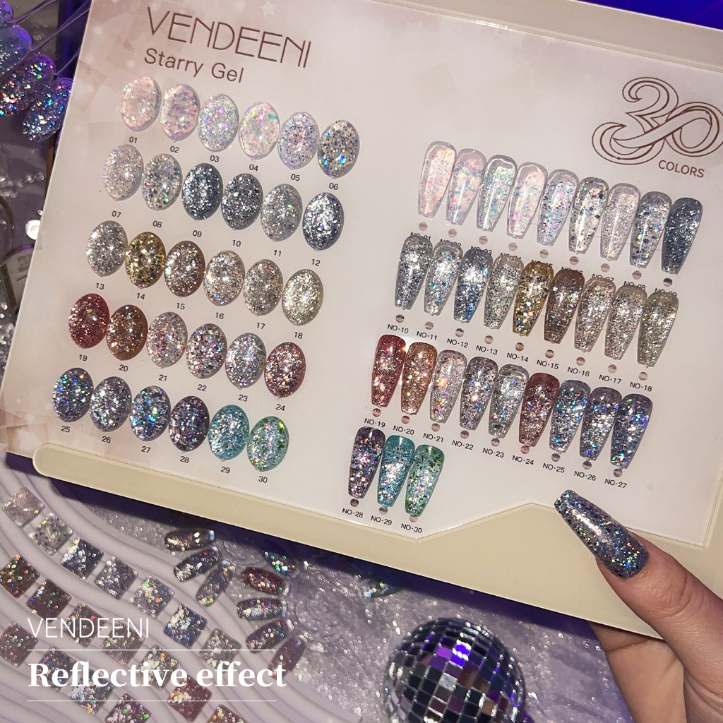 VDN สีเจลกากเพชร ยาทาเล็บเจลกลิตเตอร์ มีให้เลือก 30 สี ขวดกลมเงิน VENDEENI - Starry 15 ml