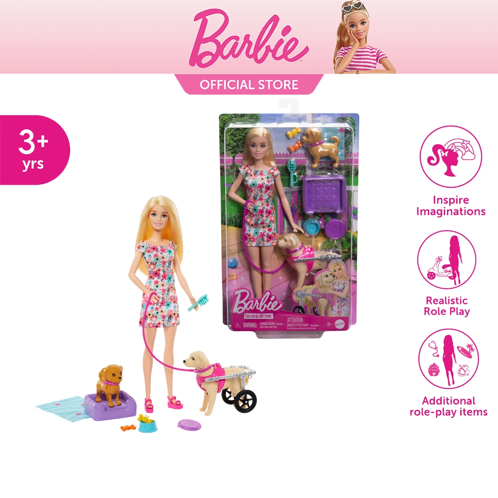 Barbie Walk and Wheels Doll with Dogs Playset บาร์บี้ เพลย์เซตตุ๊กตาบาร์บี้พร้อมอุปกรณ์ดูแลสุนัขในรถเข็น HTK37 ID