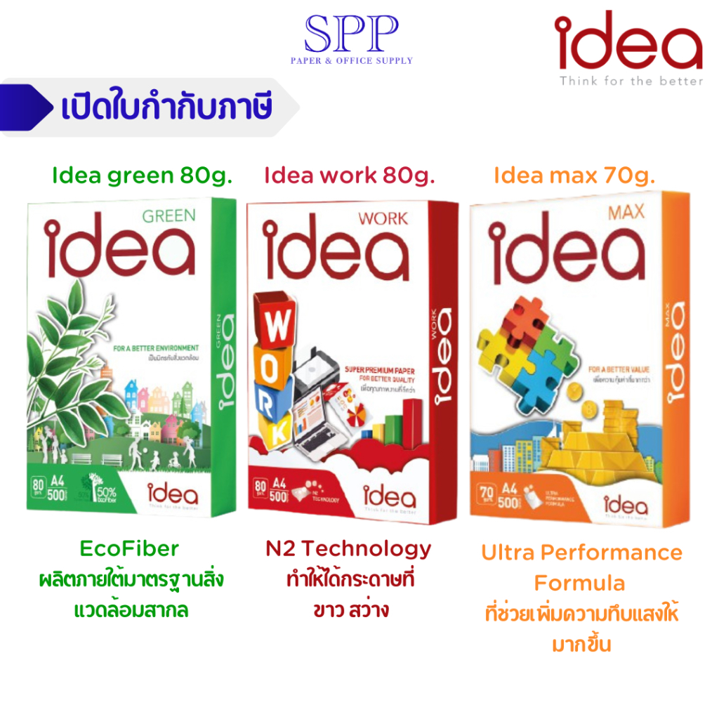 Idea กระดาษถ่ายเอกสาร 70 แกรม และ 80 แกรม Idea Green Idea Max Idea Work A4 1 รีม บรรจุ 500 แผ่น