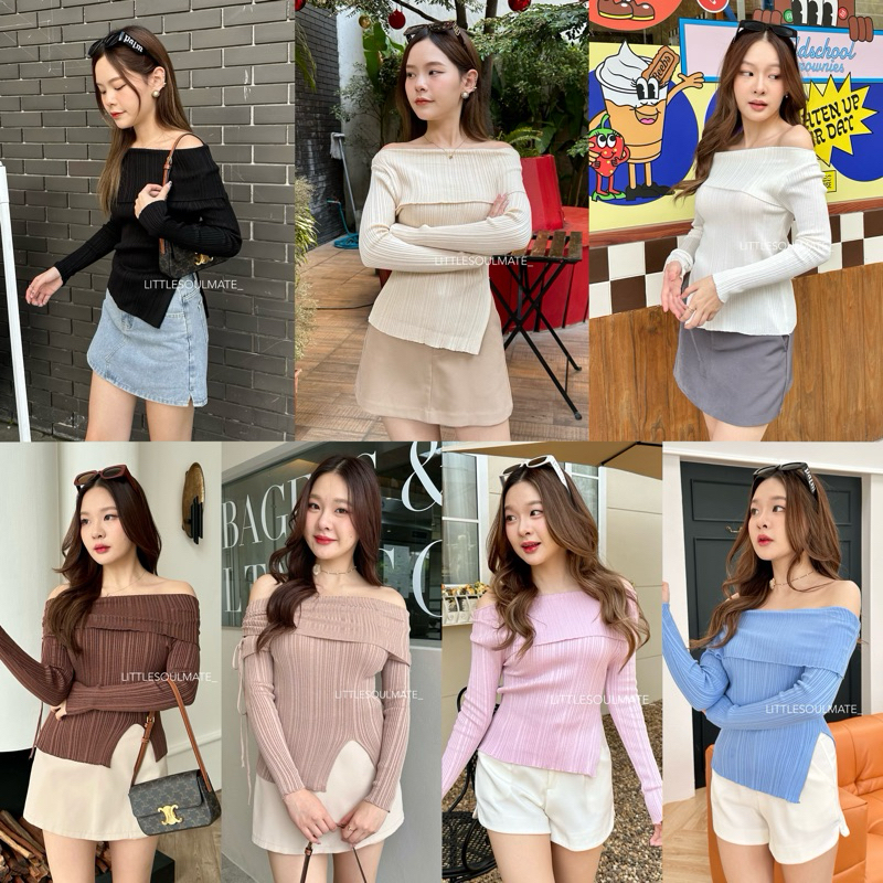 littlesoulmate เสื้อปาดไหล่ไหมพรมเกาหลี ปาดไหล่ผ้าร่อง ผ่าข้างสับๆ(lhong)