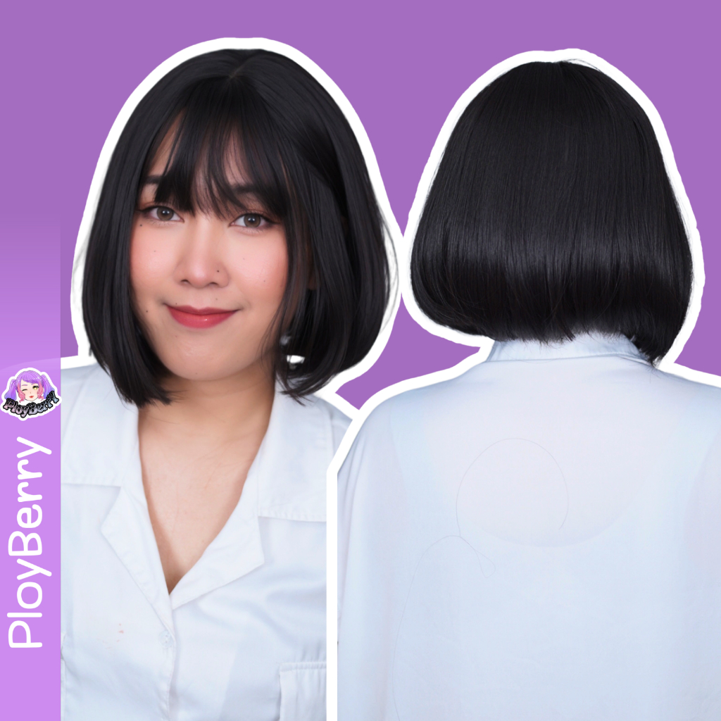 PLOYBERRY วิกผมสั้นแบบสวมทอเครื่อง ทรงผมบ็อบทุยนักเรียน25CMหน้าม้า มีเน็ท ขาตั้ง หวี รุ่น8011