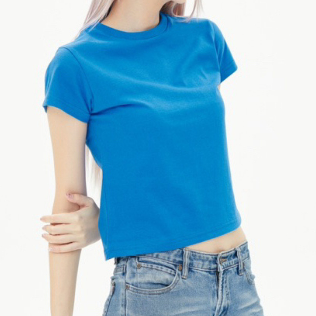 เสื้อยืด Y2K รุ่นbaby tee คอกลม crop top 100%cotton สีฟ้าทะเล