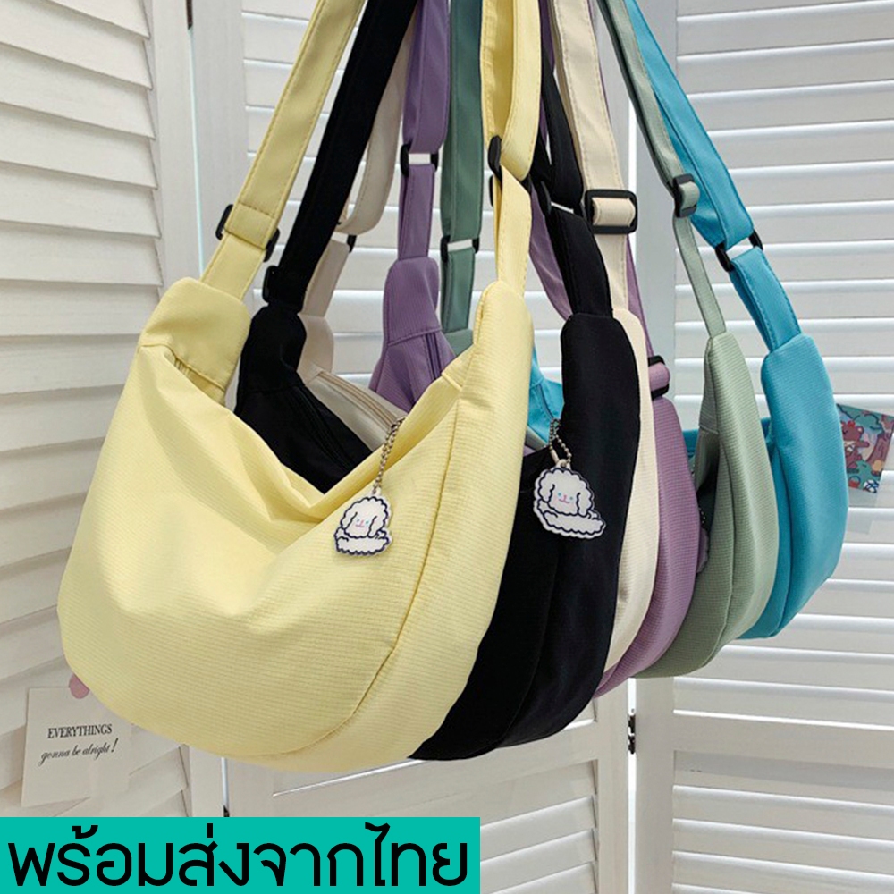 newyorkgallery(N1833) กระเป๋าสะพายข้างผ้าไนล่อนสีพื้นลายเส้น สไตล์เกาหลี(ไม่มีที่ห้อยแถม)