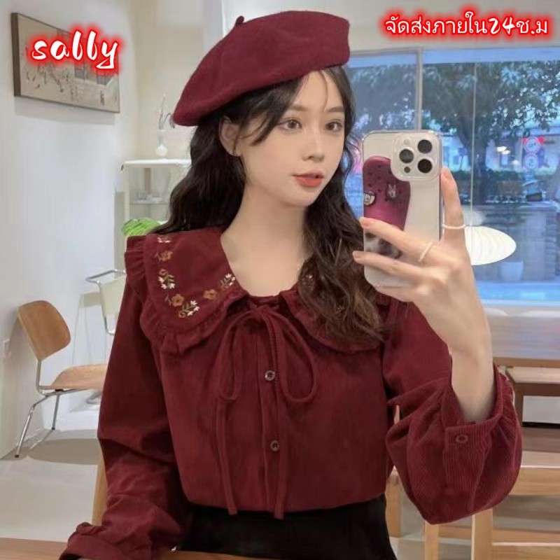 Sally จัดส่งภายใน24ช.ม เสื้อเชิ้ต ผ้าลูกฟูก เอกลักษณ์ การออกแบบ แขนพัฟ พิมพ์ลายดอกไม้ หวานสวย มิตรกับผิว ความเยาว์ สไต