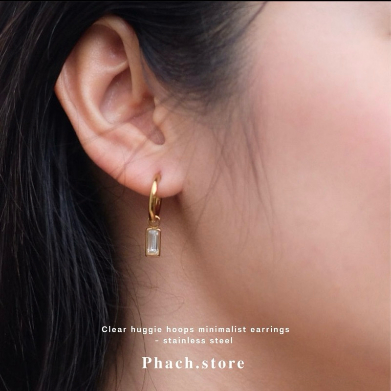 clear huggie hoop minimalist earrings - ต่างหูห่วงจี้ห้อยเพชร น่ารักมากๆ