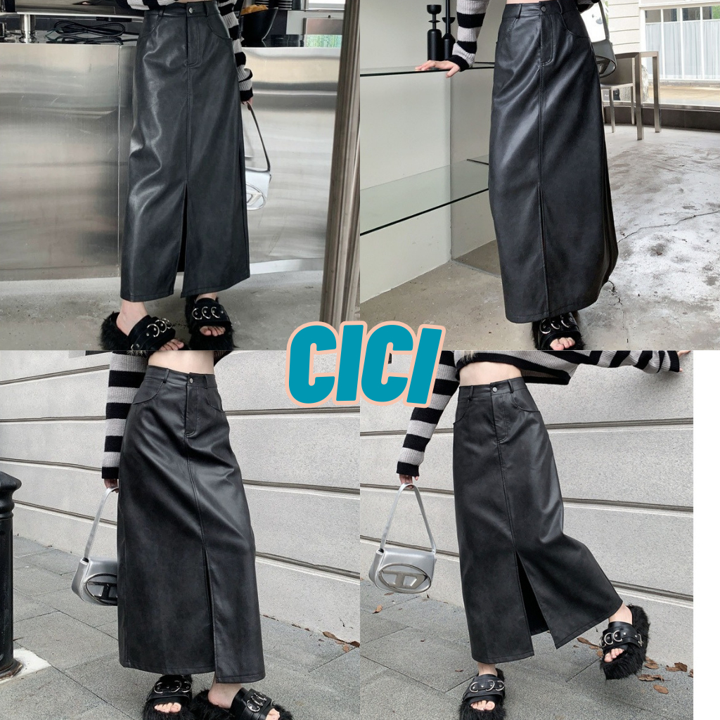 ส่งทันที Cici(NO. 3026)กระโปรงยาว ผ้าหนัง ดีเทลผ่าหน้า ใส่แล้วเข้ารูปแซ่บมาก จับแมทซ์ได้ง่าย