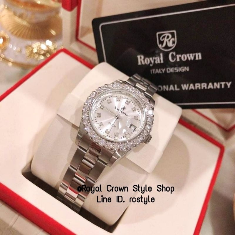 นาฬิกาข้อมือ Royal Crown แท้100% จัดส่งพร้อมกล่องครบ รับประกัน1ปี นาฬิกากันน้ำ ระบบถ่าน รอบหน้าปัดประดับเพชรเกรดพรีเมียม