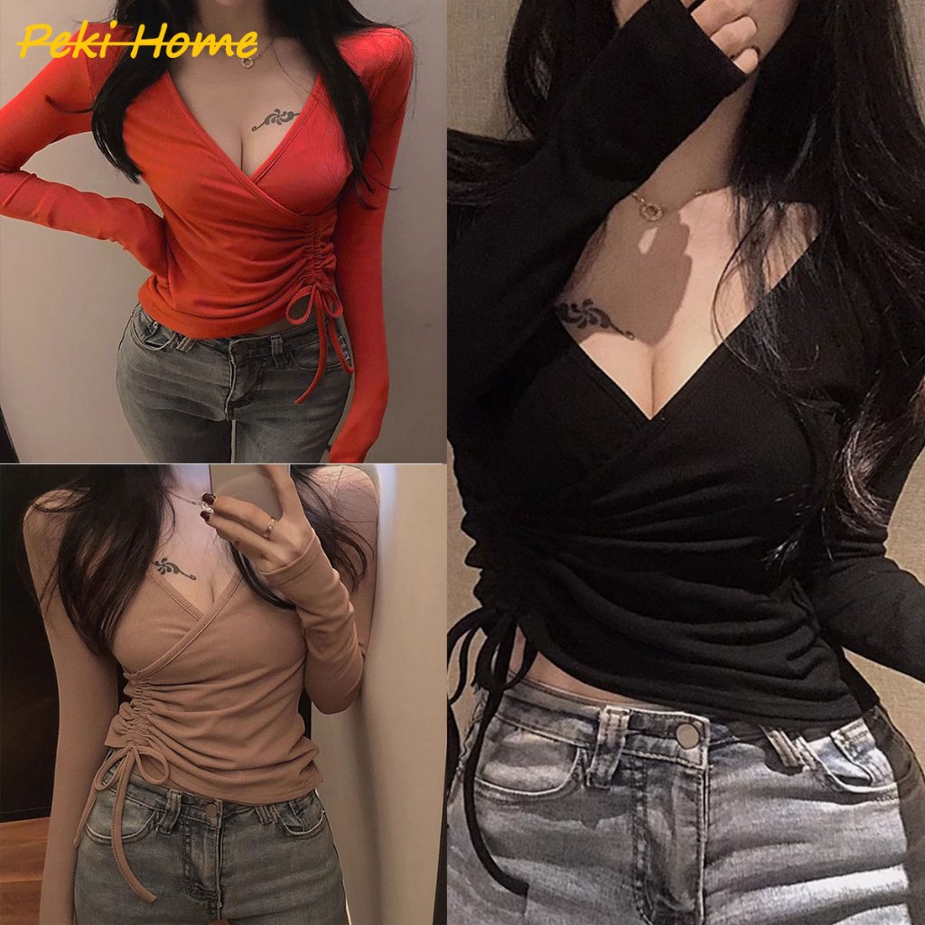 เสื้อแขนยาว ทรงครอป แต่งรูดข้างหน้า