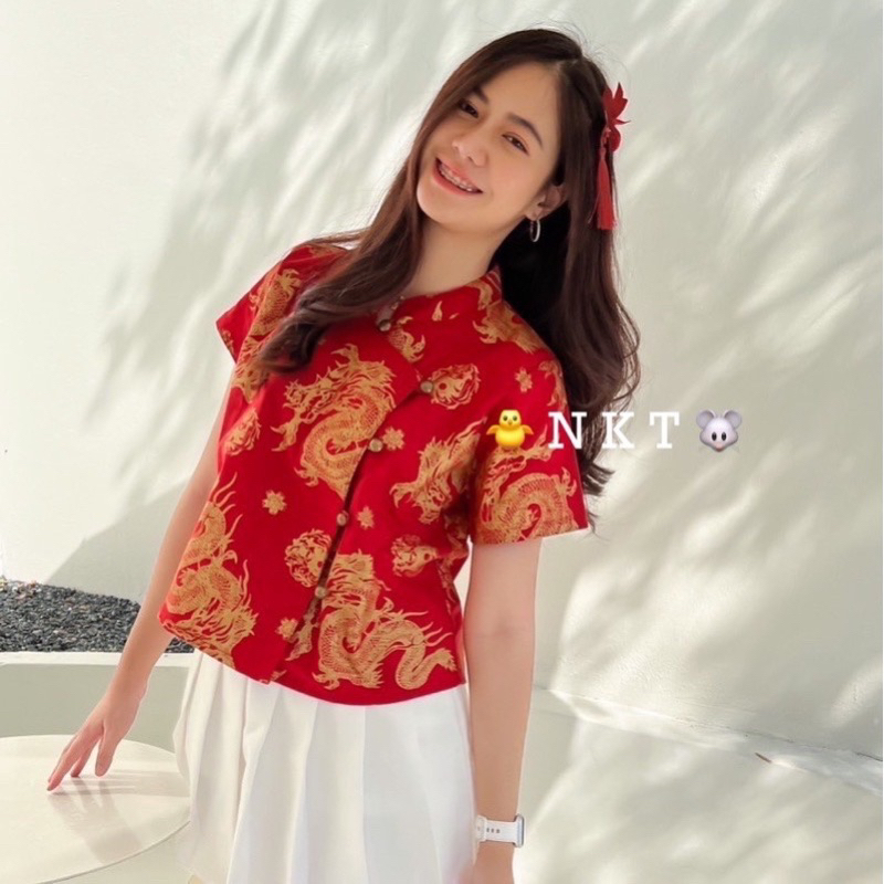 เสื้อคอจีน แต่งกระดุมเหรียญจีน ลายมังกร