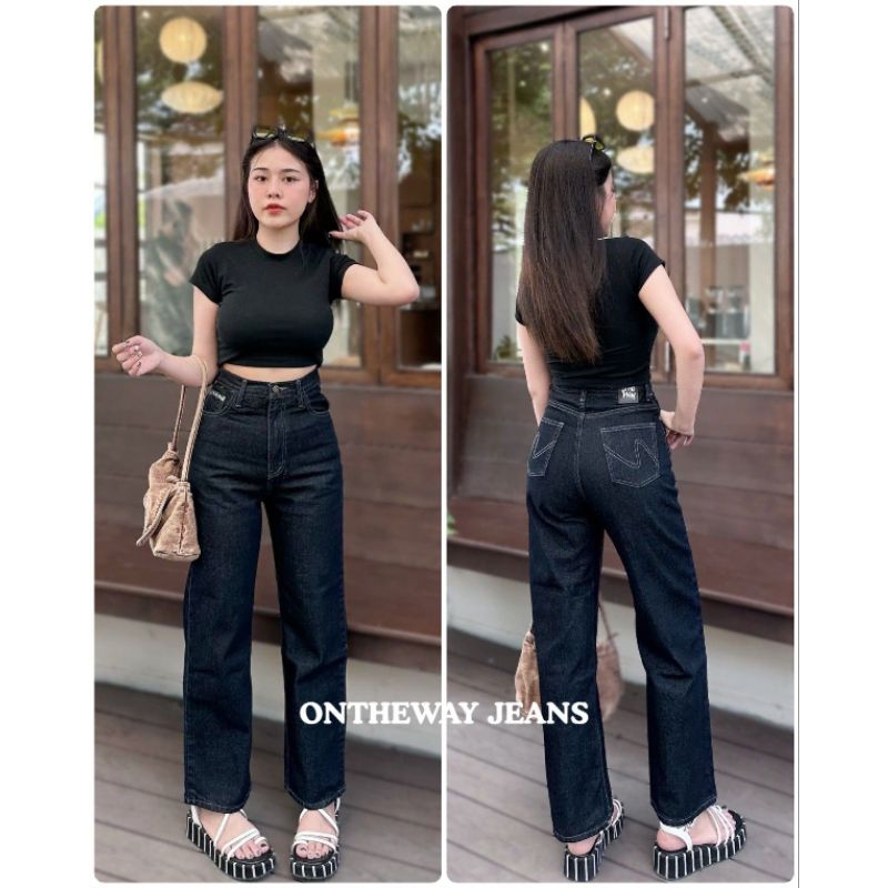 กางเกงยีนส์ ON THE WAY เอวสูง ขากระบอกดำมิดไนท์ ผ้า 14oz ใส่ได้ทั้งชายและหญิง