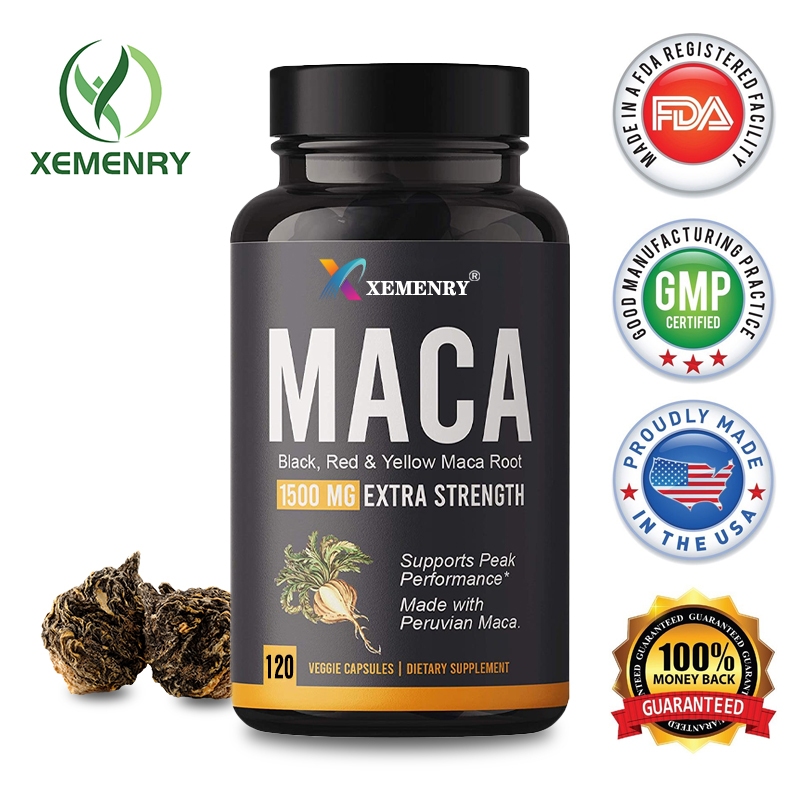 แคปซูลผงราก Maca อินทรีย์ 1500 มก. มีจำหน่ายในสีดำ + แดง + เหลืองอาหารเสริมสารสกัดจากราก Maca เปรูสำหรับผู้ชายและผู้หญิง