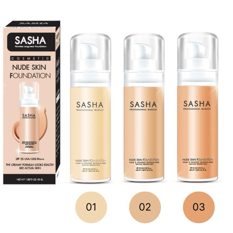 Sasha ซาช่า รองพื้น นู้ดสกิน ฟาวเดชั่น ขวดแก้ว 45g