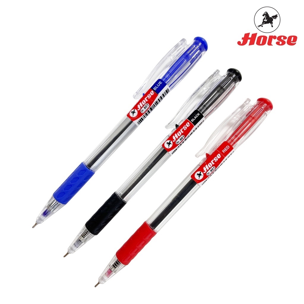 Horse(ตราม้า) ปากกาลูกลื่น ชนิดกด ตราม้า 0.7 mm. H-801 ด้ามใส มีสีน้ำเงิน/ดำ/แดง จำนวน 1 ด้าม