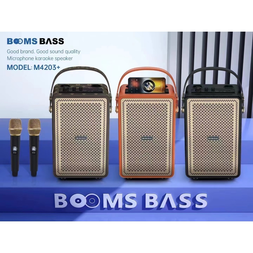 BOOMS BASS M4203 ลำโพงบลูทูธ + ไมค์โครโฟนไร้สาย (ไมค์ลอย) 2 ตัว ดีไซน์หนังหุ้ม สายหนัง เชื่อมต่อพร้อ