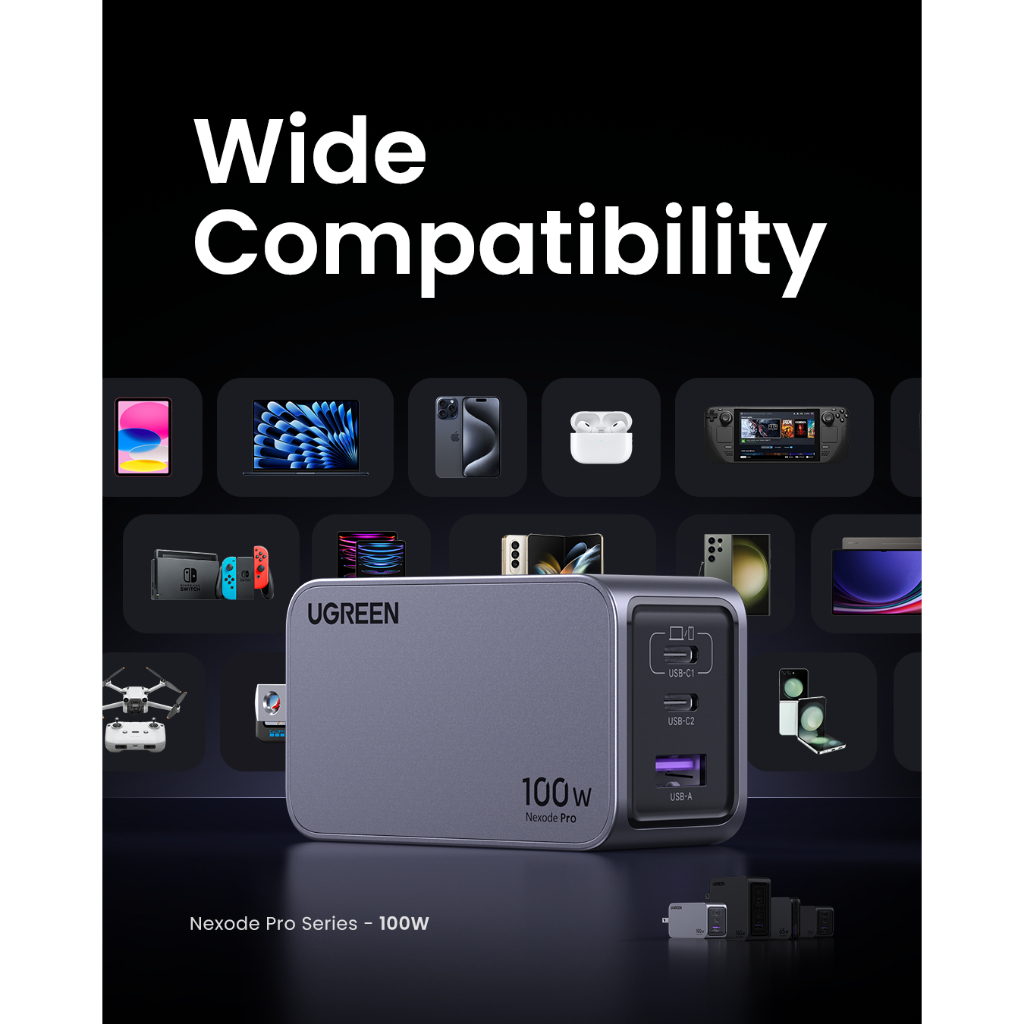 UGREEN Nexode Pro 100W 3-Port GaN อะแดปเตอร์ หัวชาร์จ Super Fast Charging 3in1 USB C 2 Port, USB A 1 Port รุ่น 25873 Fre