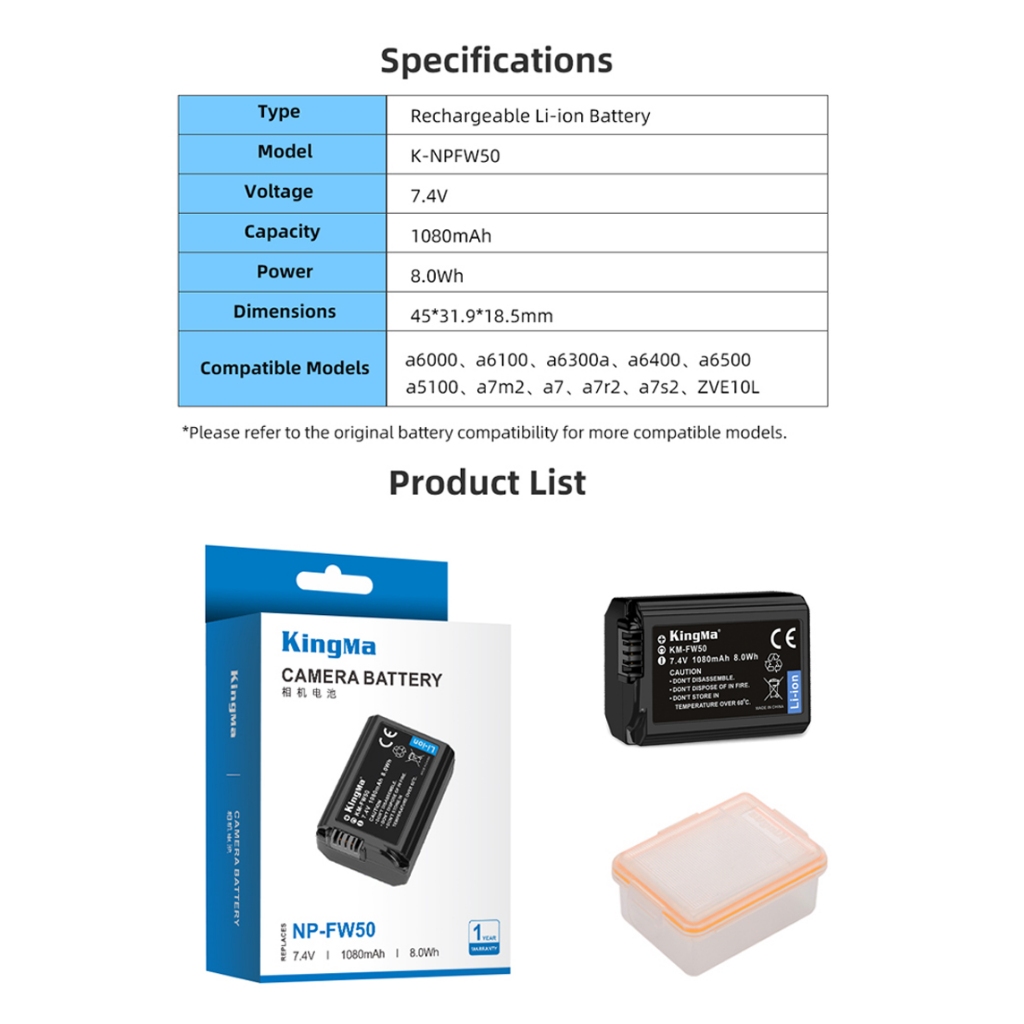 Kingma FW-50 แบตเตอรี่ สำหรับกล้อง Sony ประกันศูนย์ไทย 1 ปี แท่นชาร์จ / แบตกล้อง FW50