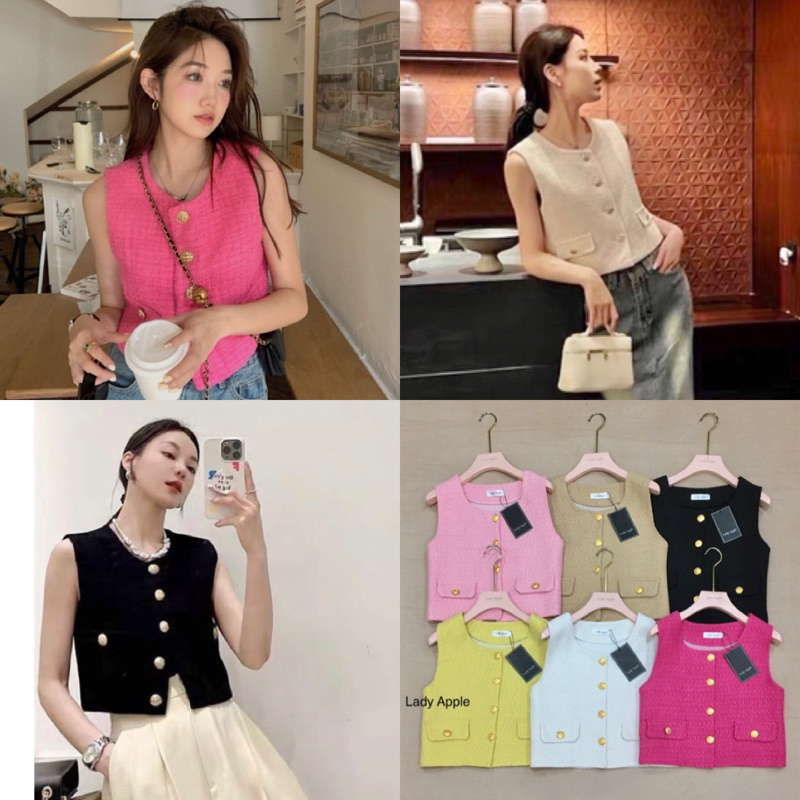 พร้อมส่ง! เสื้อทวิตแขนกุด เสื้อครอปกระดุมทองตรุษจีน เสื้อผ้าแฟชั่นเกาหลี(087)