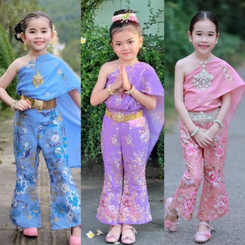 ชุดไทยประยุกต์เด็กผู้หญิง ชุดไทยเด็กหญิง ชุดไทยเด็กสีพาสเทล สำเร็จรูป+กางเกงขาบาน (เอวยางยืดด้านหลัง) ผ้าคอตตอล