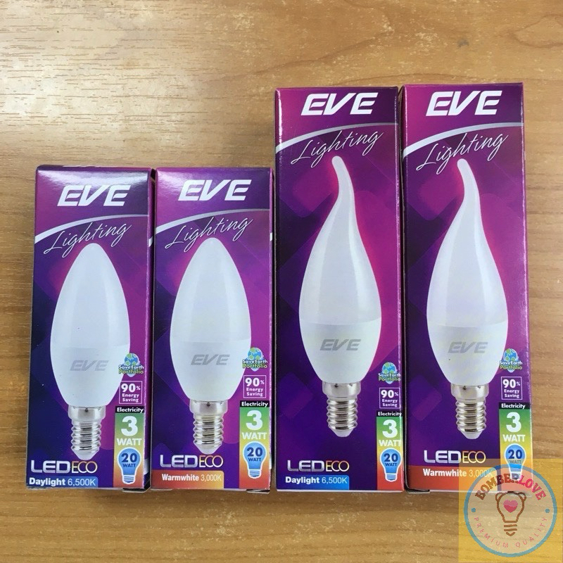 หลอดLEDจำปาEVEรุ่นECO Candle 3 W E14 แสงขาวdaylightและแสงเหลืองwarm white