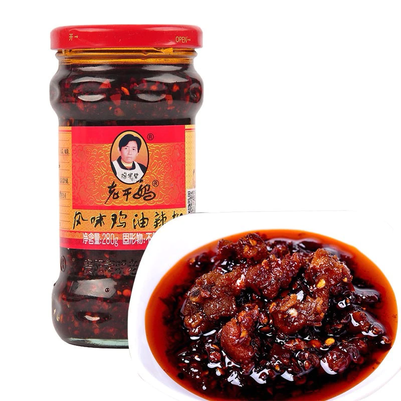 น้ำพริกเผา เหล่ากันมา รสไก่ ถั่ว เห็ด(老干妈 鸡肉味)ขนาด 280g รสชาติกลมกล่อม หอมเครื่องเทศเผ็ดเบาๆ สามารถเปิดทานได้ทันที