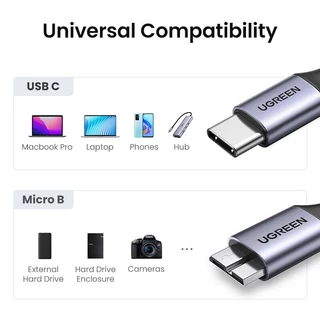 UGREEN รุ่น 15232 สายเคเบิล USB C to Micro B 3.0 Cable 5Gbps 3A Fast Sync สำหรับ Macbook Hard Disk Drive HDD SSD Case