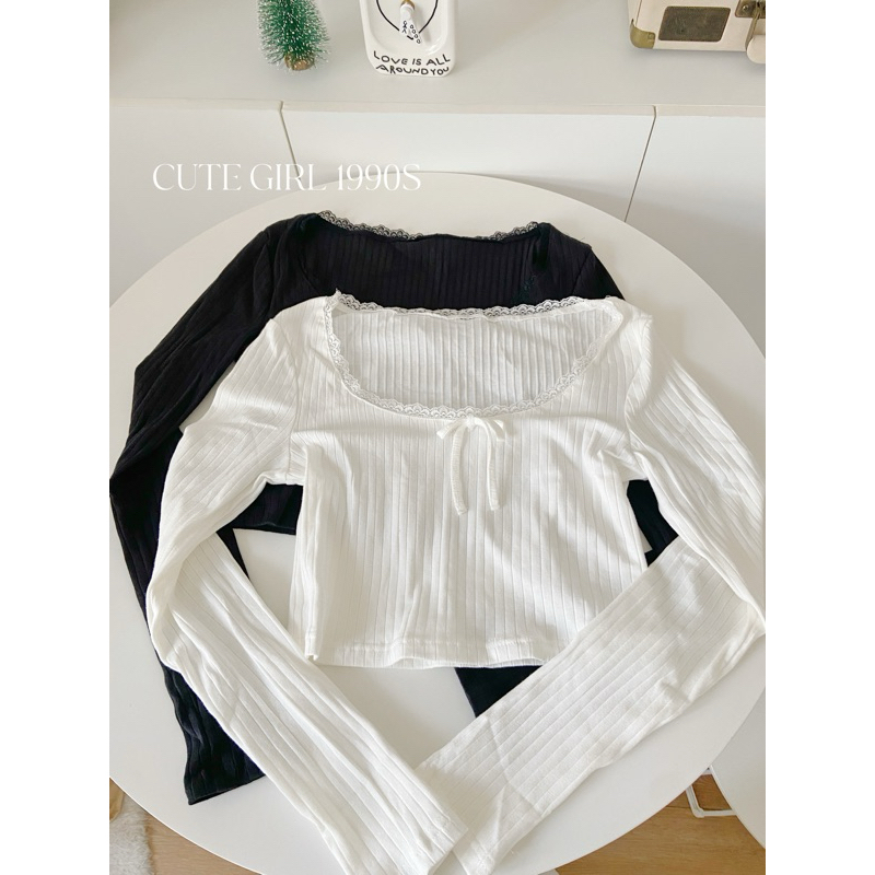 ST1036 เสื้อครอปแขนยาว ขอบลูกไม้ สไตล์วินเทจ