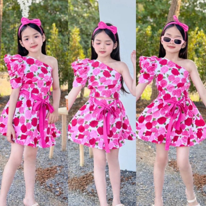 ชุดทองกวาว ดอกไม้ เซ็ท 4 ชิ้น ชมพู แดง ม่วงแบะแบบเดรส3ชั้น