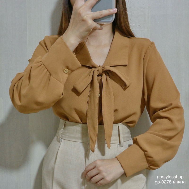 gp-0278 เสื้อเชิ้ตคอปกแขนยาวแต่งสายสำหรับผูกโบว์น่ารักๆ