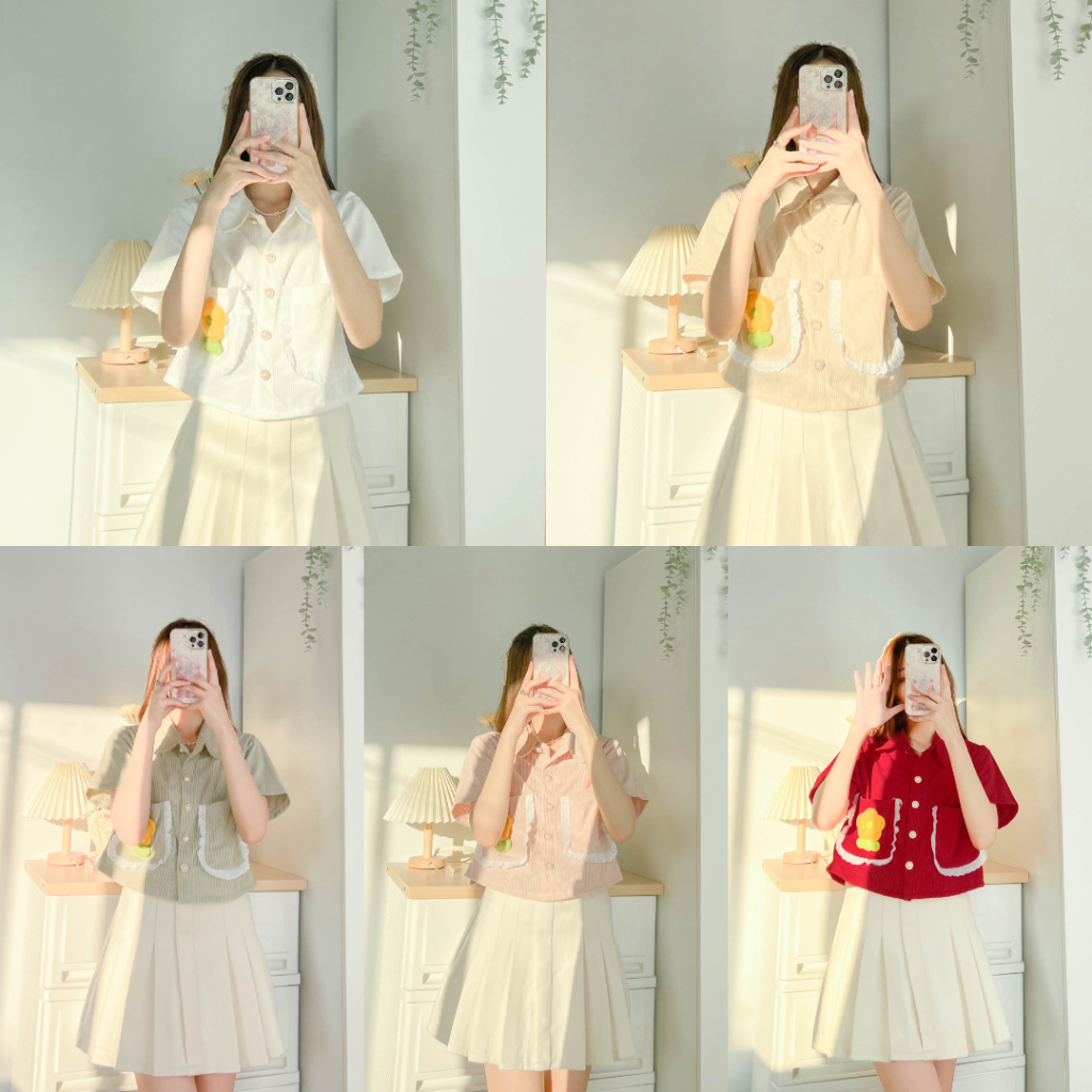 🌻Baby Flower🌷ลดเหลือ 212.- เมื่อใส่โค้ด 9JERVR 🧺 เสื้อครอปแขนสั้น คอปก กระเป๋าข้างลูกไม้ แต่งดอกไม้สุดน่ารัก กระดุมหรู 🥣
