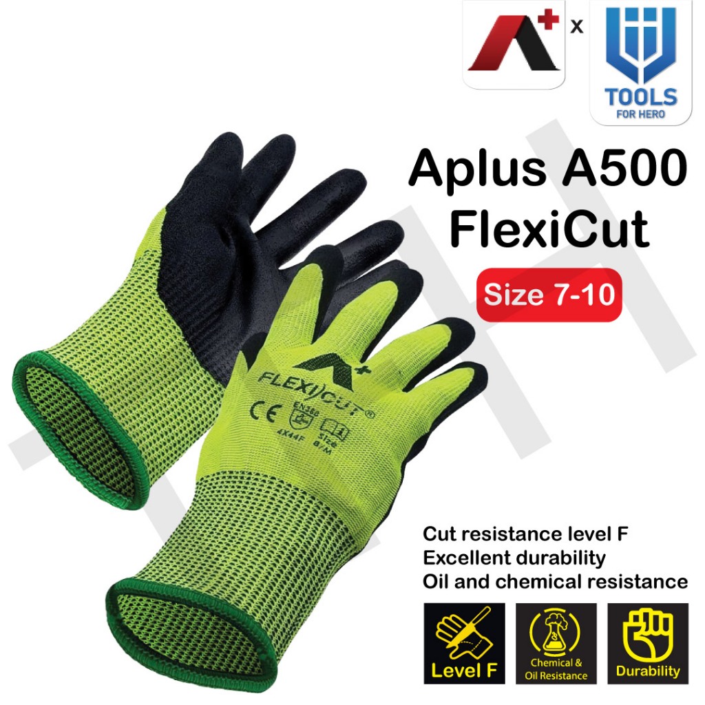 A PLUS รุ่น A500 ถุงมือเซฟตี้ กันบาดระดับ F กันน้ำมันและสารเคมี เคลือบด้วย Nitrile สวมใส่สบาย ได้มาตรฐานสากล