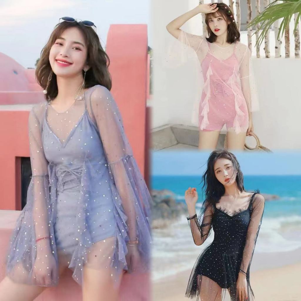 ชุกว่ายน้ำผู้หญิง วันพีช เซ็ท 2 ชิ้น สายเดี่ยว มีเชือกหน้าปรับ พร้อมเสื้อคลุมชีฟองฟรุ้งฟริ้ง และบราฟองน้ำ