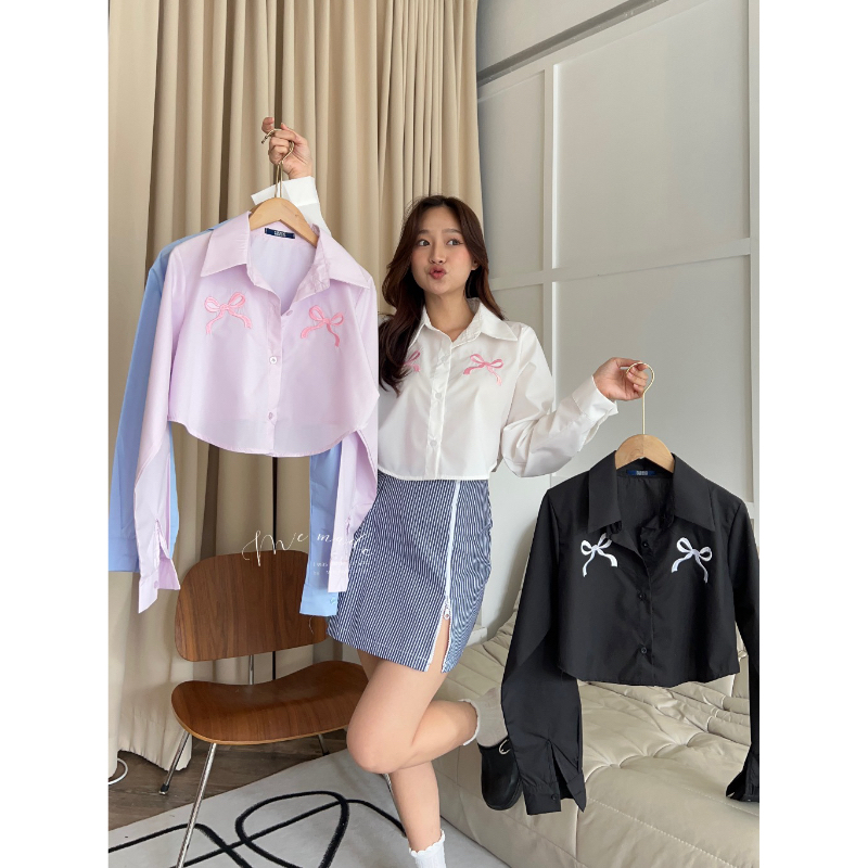 RIBBONS CROPPED-shirt เสื้อเชิ้ตทรงครอป ปักโบว์2ข้าง
