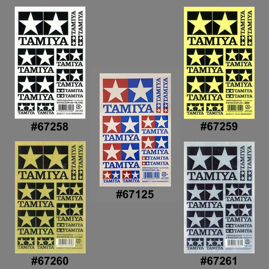 TAMIYA LOGO STICKERS 67125 สี, 67258 MONOCHROME พื้นขาว, 67259 CLEAR พื้นใส, 67260 GOLD พื้นทอง, 67261 SILVER พื้นเงิน
