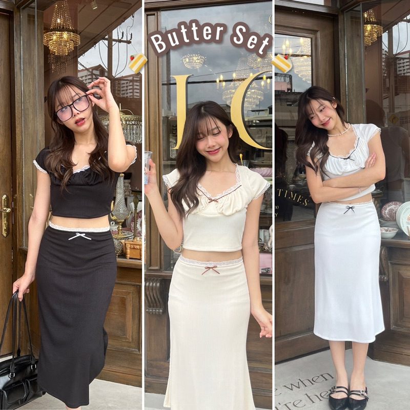 Butter Set เซตเสื้อแขนสั้น +กระโปรงยาวแต่งขอบลูกไม้