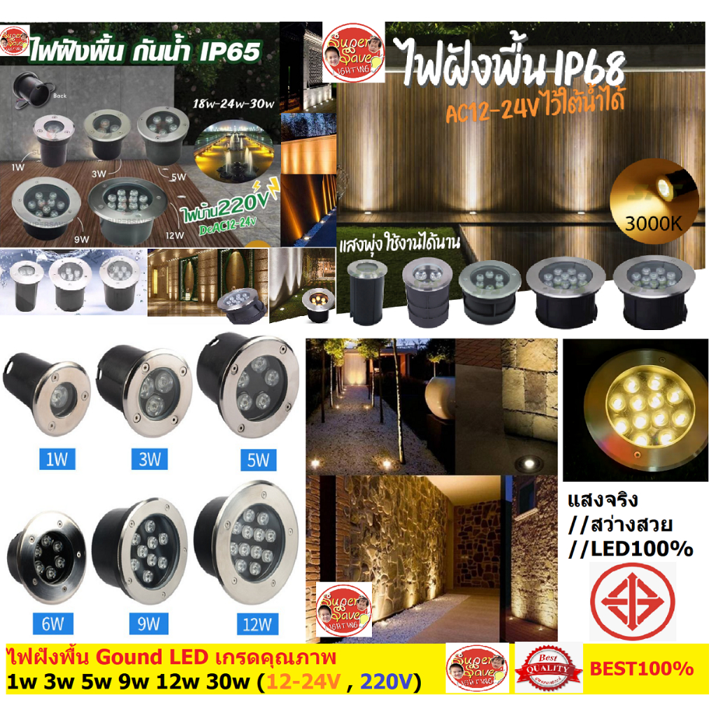 ลดราคา!! Ground Light ไฟฝังพื้น 1W 3W 5W 6w 9W 12W เเสงขาว IP65 / เเสงวอร์มไวท์ 220V 12V (Stainless Steel)โคมไฟฝังพื้น