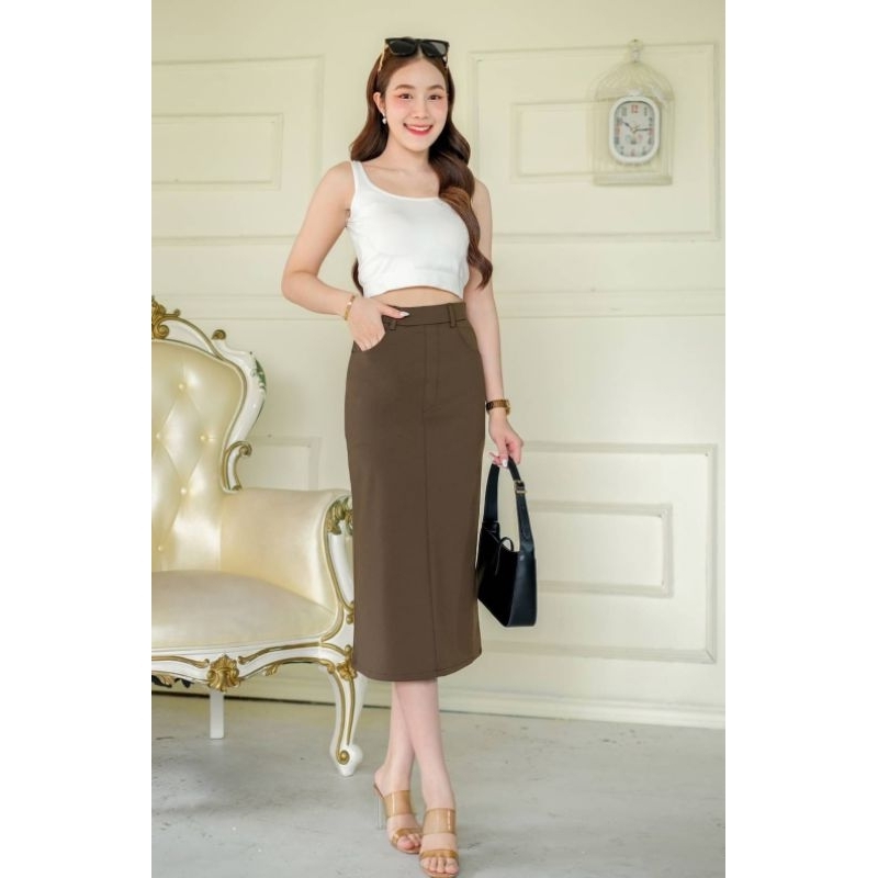 พร้อมส่ง กระโปรงทรงเอ ยาว 30 นิ้ว รุ่นผ้าโรเชฟมีกระเป๋า✨️ 6 สี ซิปหลัง - รูปที่ 3