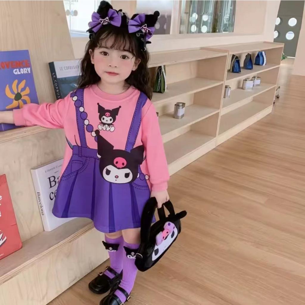 PP02 ชุดเดรสแขนยาว ลายการ์ตูน สีชมพู สีม่วง น่ารัก สกรีนเอี้ยม ไม่หนาไม่บาง mamay baby