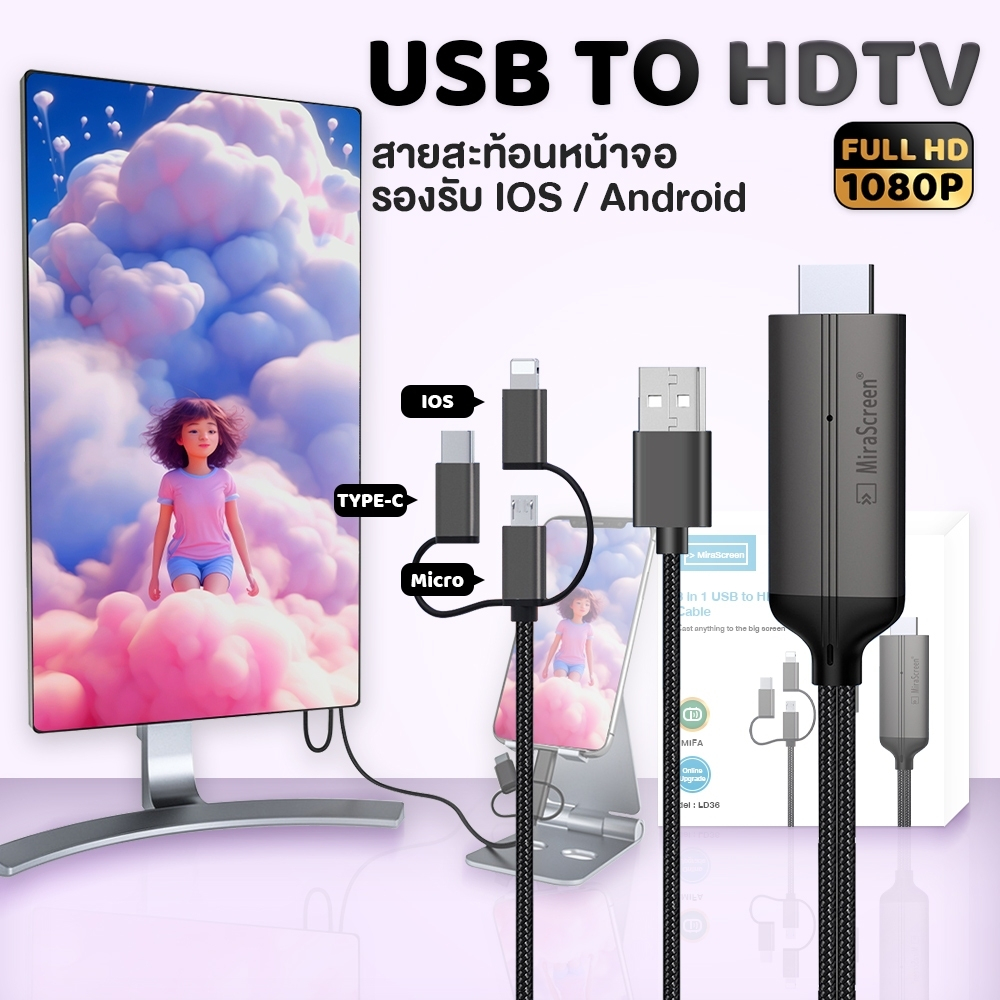 สายต่อทีวี 3IN1 TV CABLE ภาพชัด1080P 60Hz รองรับ Android / TYPE-C ต่อมือถือr/Monitor/TV