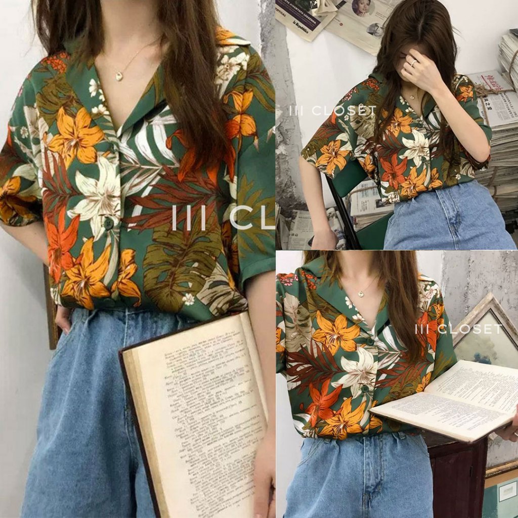 เสื้อฮาวาย lll Freesize lll IT088 แขนสั้น กระดุมหน้า ลายดอก  เนื้อผ้าไหมอิตาลีพิมพ์ลาย