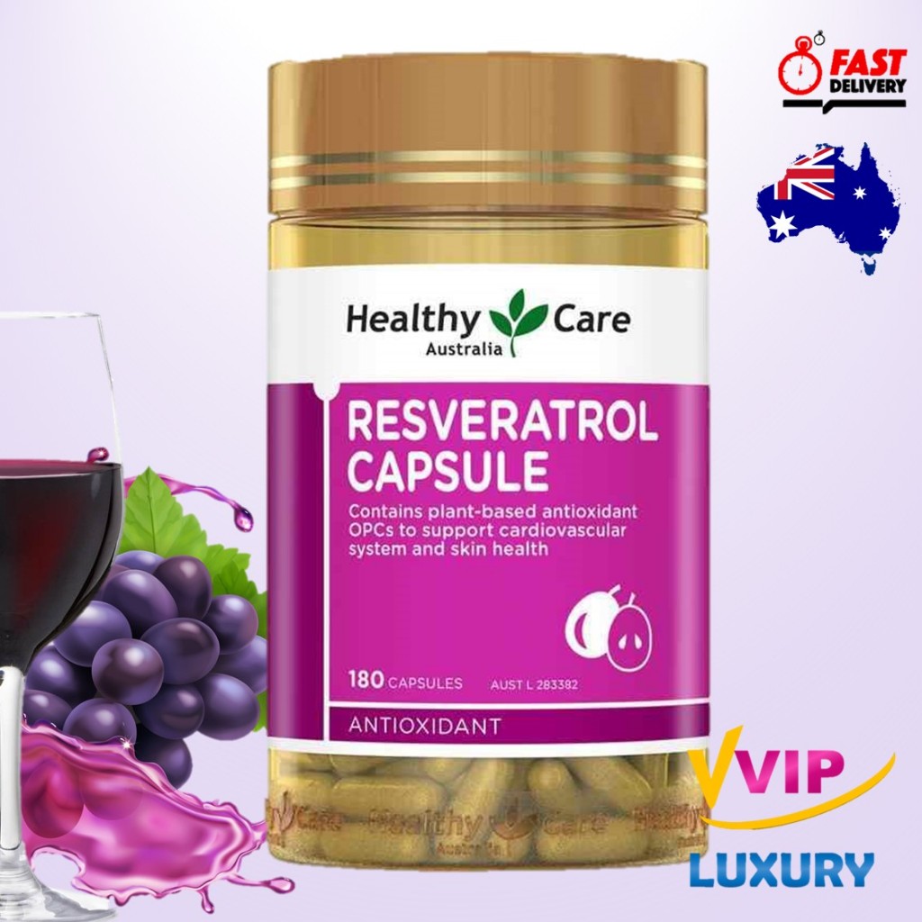 exp.04/2028 เรสเวอราทรอล Healthy Care Resveratrol with Grape Seed Extract 180 Capsules