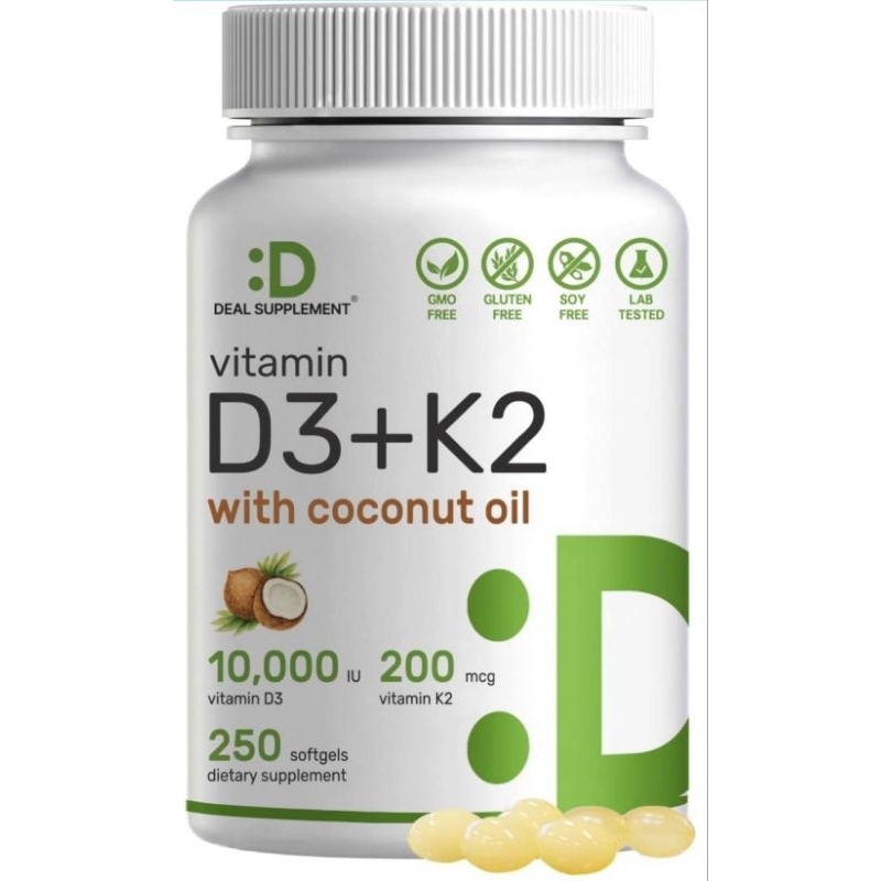 Vitamin D3 10000 IU with K2 MK7 200mcg, with Coconut Oil, 250 Softgels