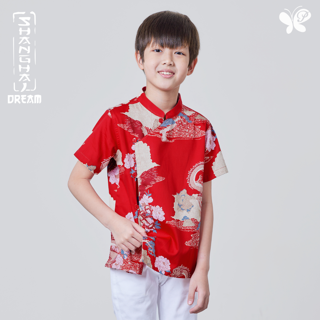 Boy Shanghai Dream Shirt - Mythical Tale เสื้อคอจีนสำหรับเด็กผู้ชายลายมังกร ผ้าคอตตอน 100% ทอในรูปแบบของซาตินสไตล์จีน