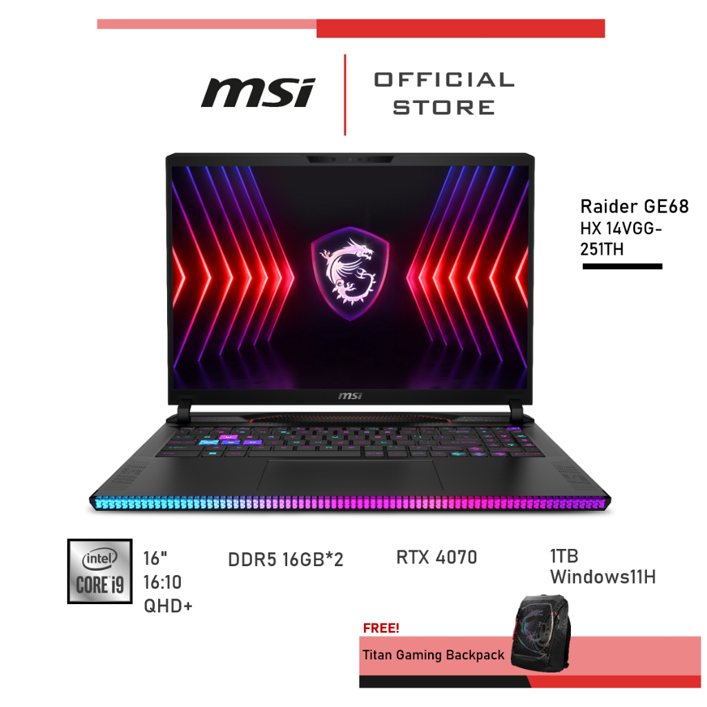 MSI Raider GE68 HX 14VGG-251TH (16"QHD+, RTX 4070, DDR5 16GB*2) Notebook, Laptop