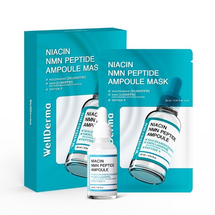 #พร้อมส่ง Exp17/9/26 #Wellderma Niacin NMN Peptide Ampoule Mask 28ml ยกกล่อง 10 แผ่น