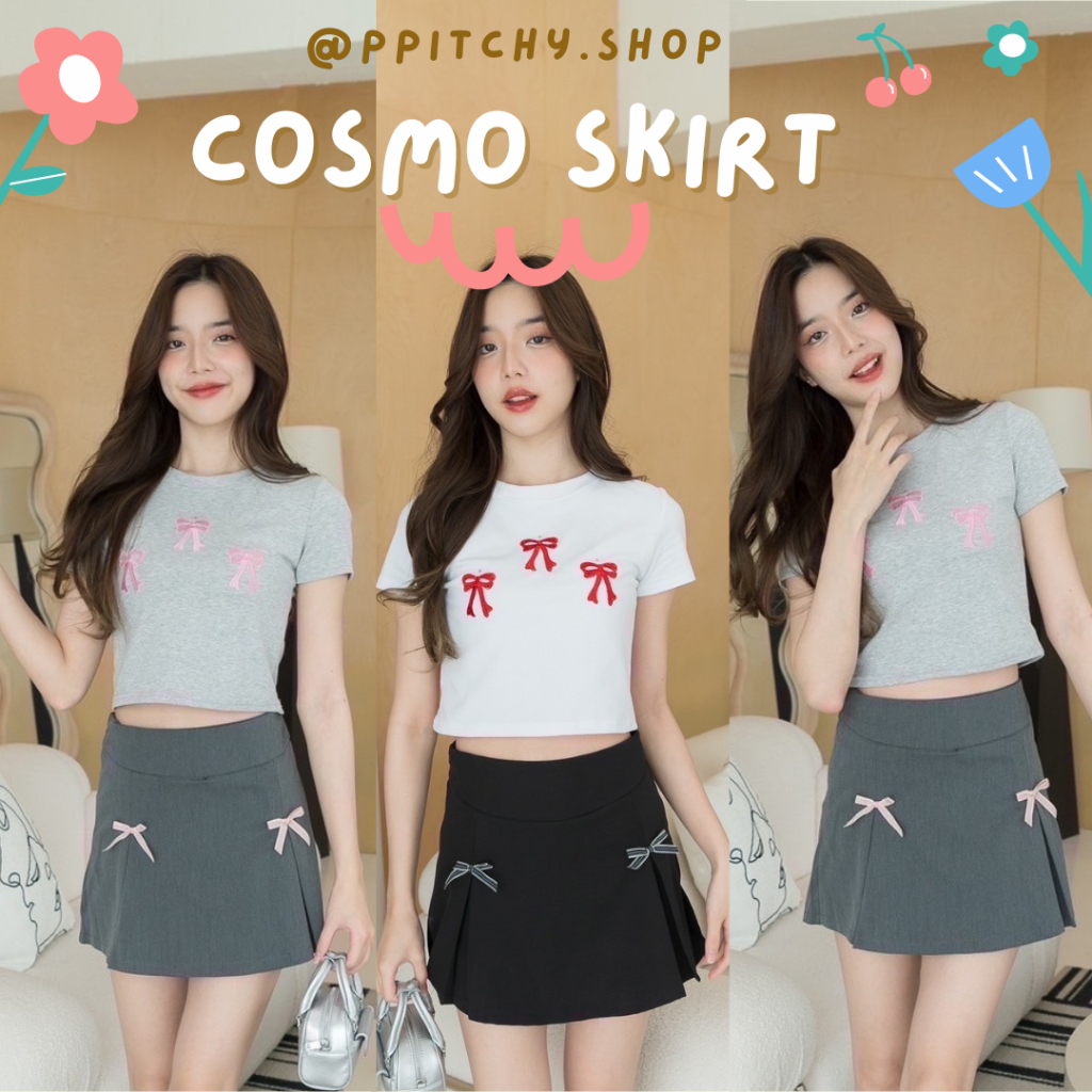 ppitchy.shop 🩶 Cosmo Skirt - กระโปรงกางเกงเอวสูงขาสั้น แต่งจีบปักโบว์ด้านหน้า